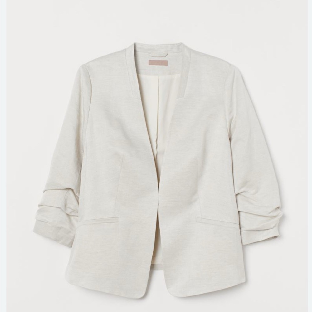H&M Cream Fitted Linen-blend jacket Blazer 3/4 Sleeve Women XS
